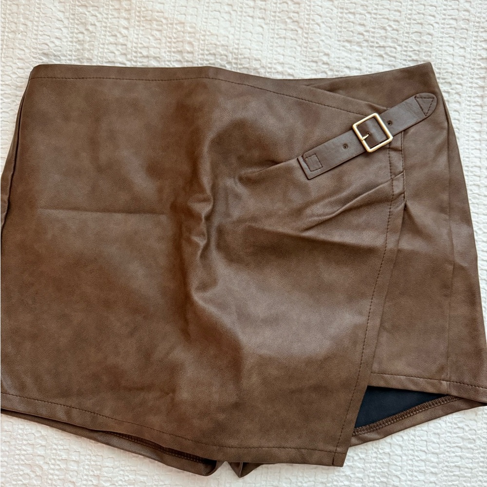 Windsor Brown Faux Leather Skort with Chic Buckle